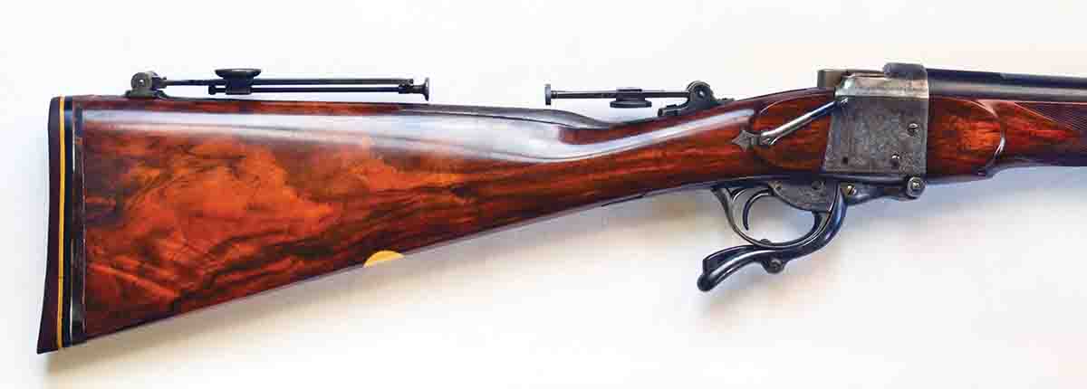 A Gibbs-Farquharson long-range target rifle fitted with both a tang sight for shooting from a conventional position, and a heel sight for the “back” position with the barrel resting on the shooter’s legs. Such sights are extremely precise – too much so for  almost any kind of hunting.